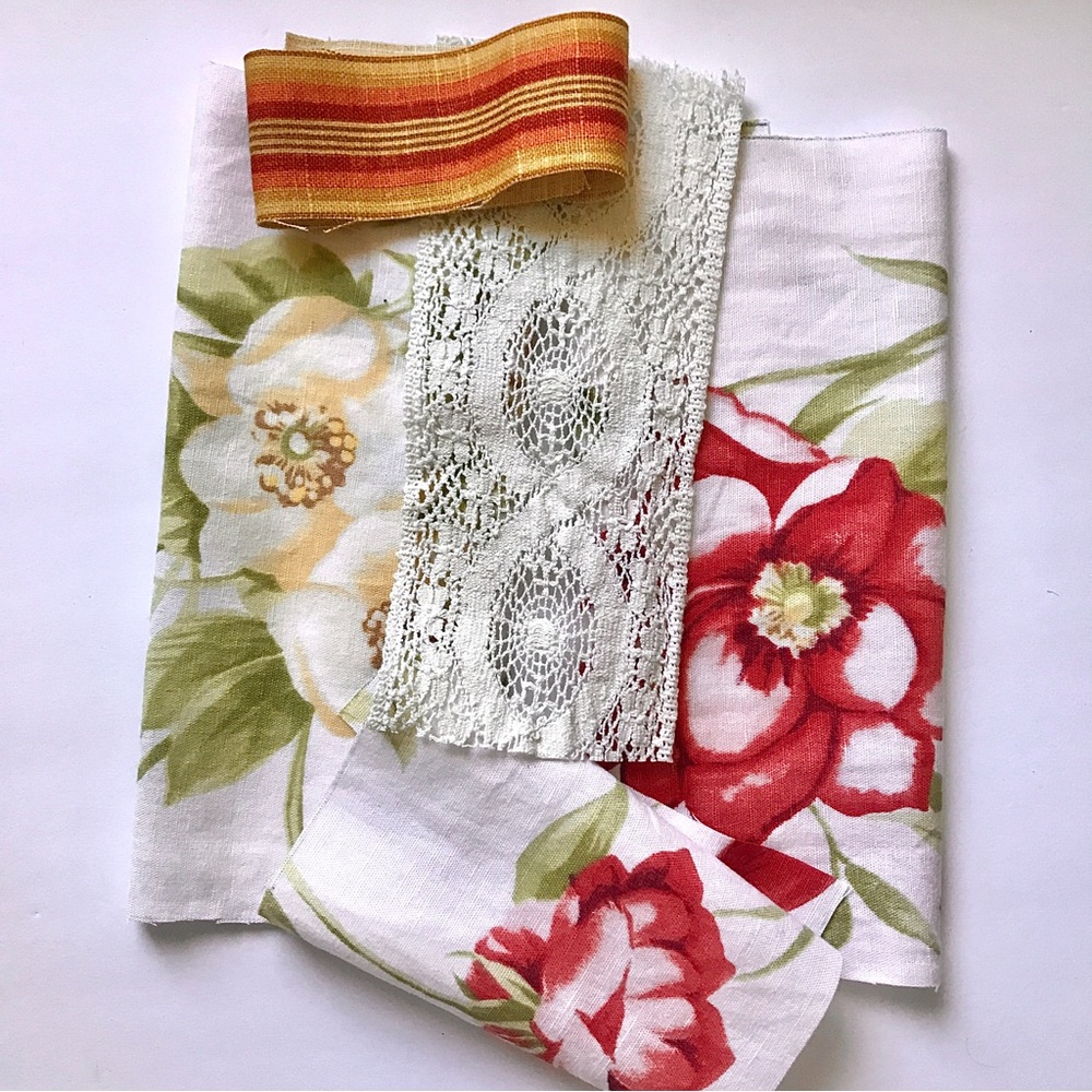 Remnants of linen and handmade cotton lace for textile crafts and quilts